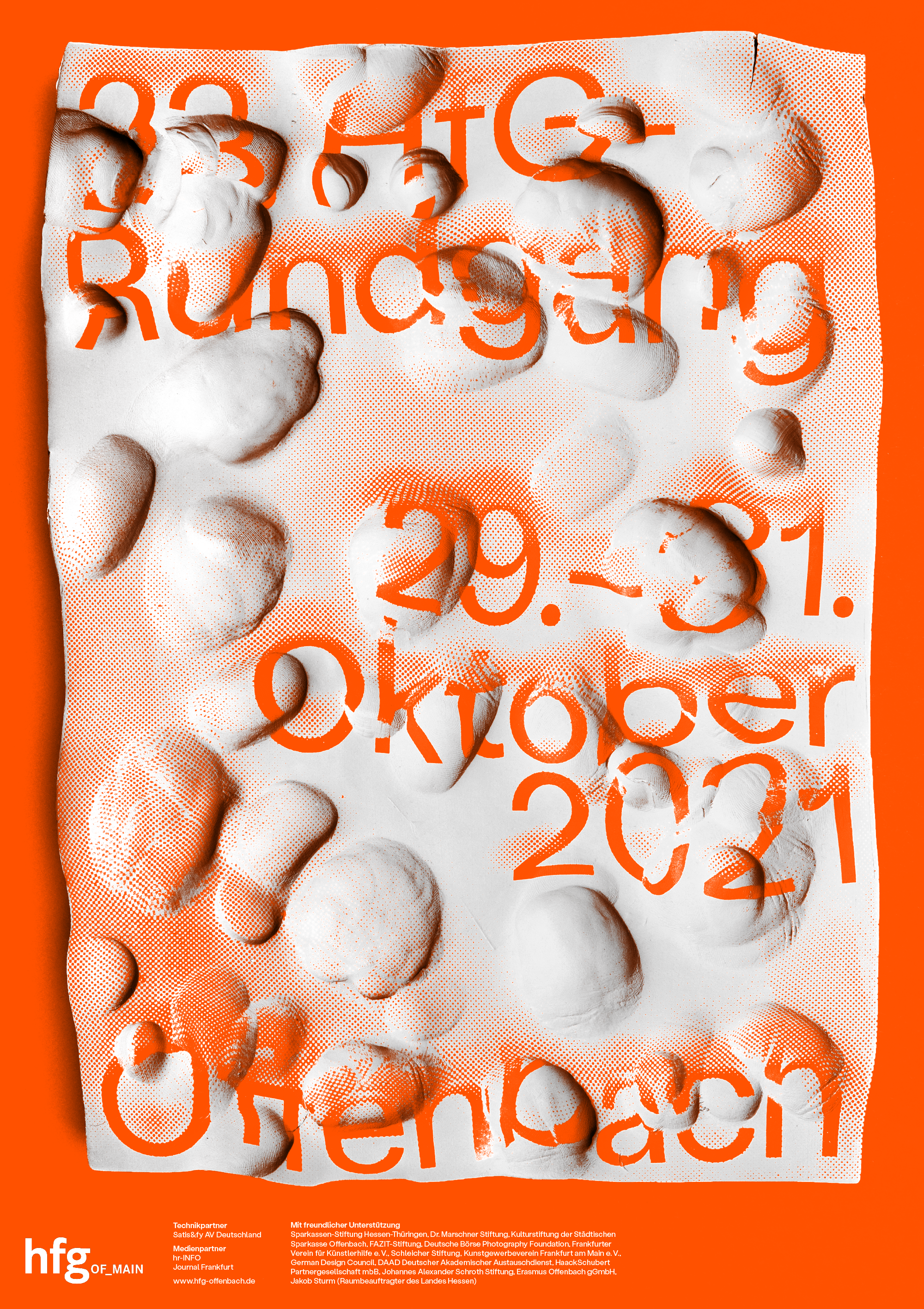 orange hands on poster design picturing screenprinted and deformed clay by Sarah Stendel Graphic Design